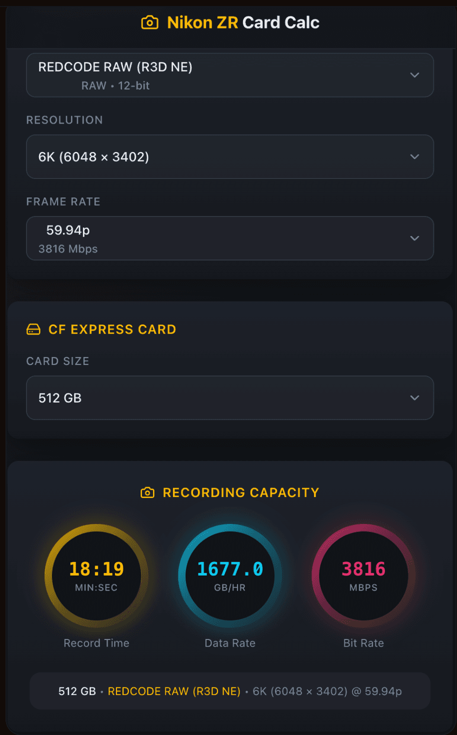 ZRCalc: NikonZR Cinema Card Calculator screenshot 2