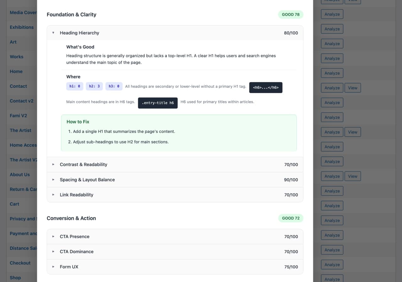 Heurilens UX Analyzer for WordPress screenshot 3
