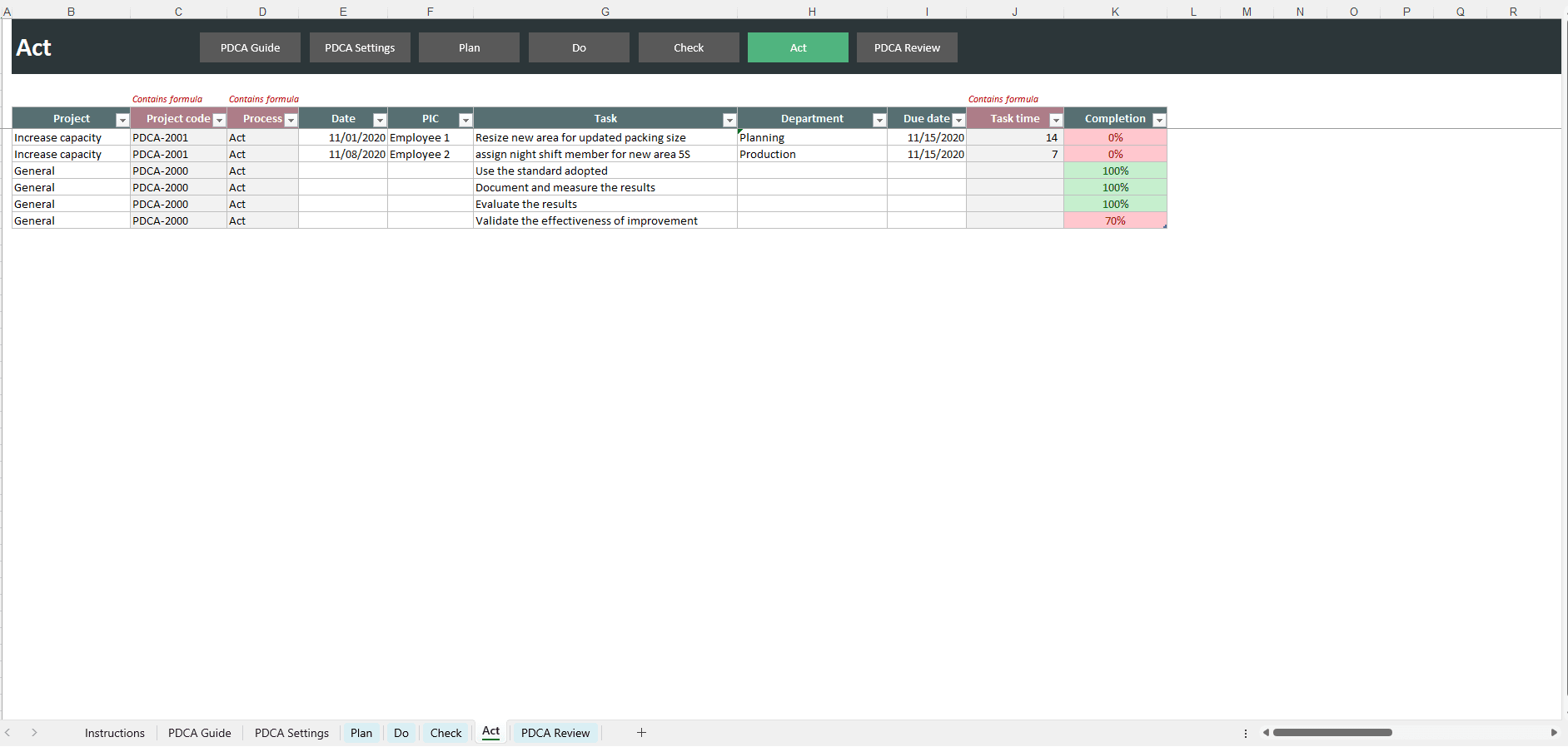 PDCA (Plan-Do-Check-Act) Excel Template screenshot 3