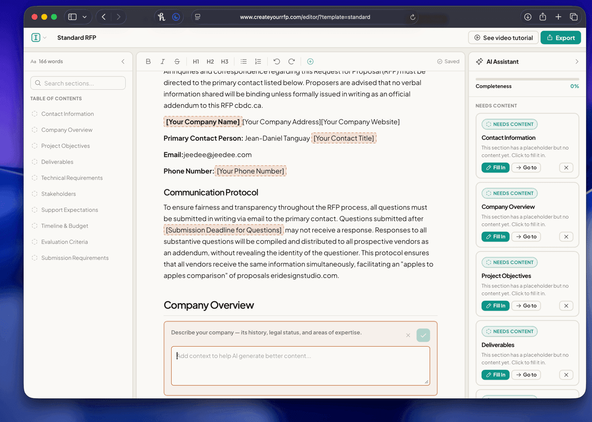 CreateYourRFP screenshot 2