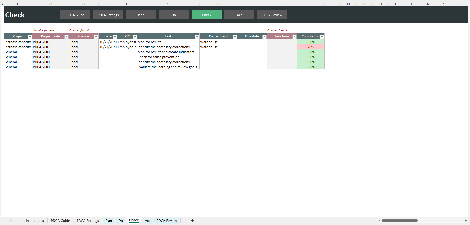 PDCA (Plan-Do-Check-Act) Excel Template screenshot 4
