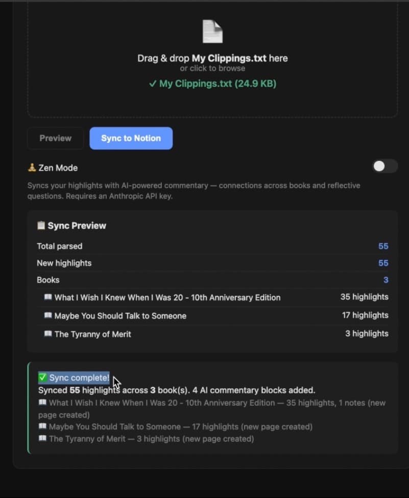 Kindle → Notion bot screenshot 2