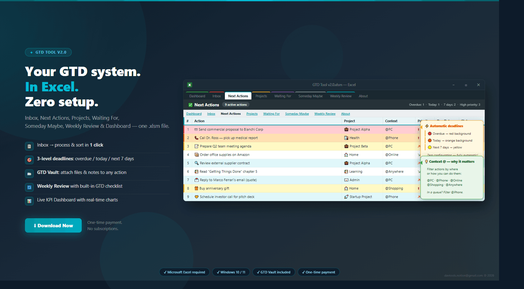 GTD Tool for Excel — Full System - Vault screenshot 3